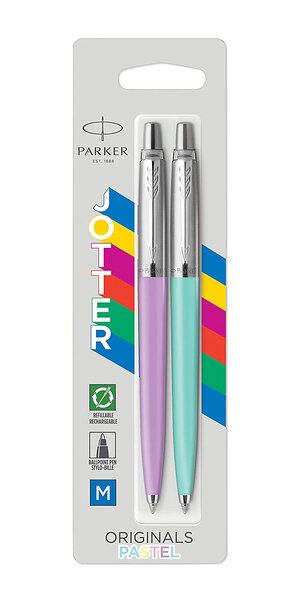 PARKER Jotter Originals Pastel Duo, Stylos bille Bleu Pastel + Stylo bille Violet Pastel, recharge bleue pointe moyenne