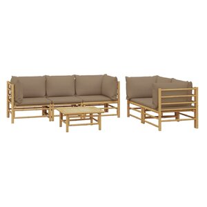 Salon de jardin meuble d'extérieur ensemble de mobilier 6 pièces avec coussins taupe bambou 02_0016944