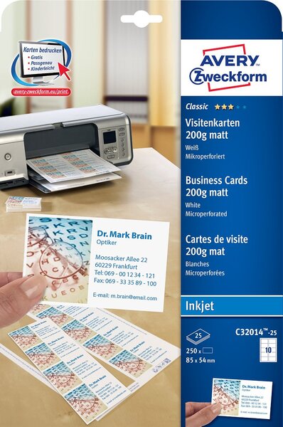 Etui de 250 cartes de visites 85 x 54mm Jet d'encre AVERY ZWECKFORM