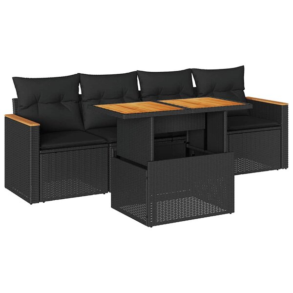 vidaXL Salon de jardin 5 Pièces avec coussins noir résine tressée acacia