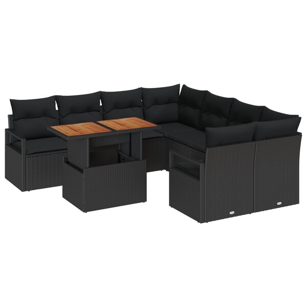 vidaXL Ensemble de canapé de jardin 9 pièces avec coussins en poly rattan noir