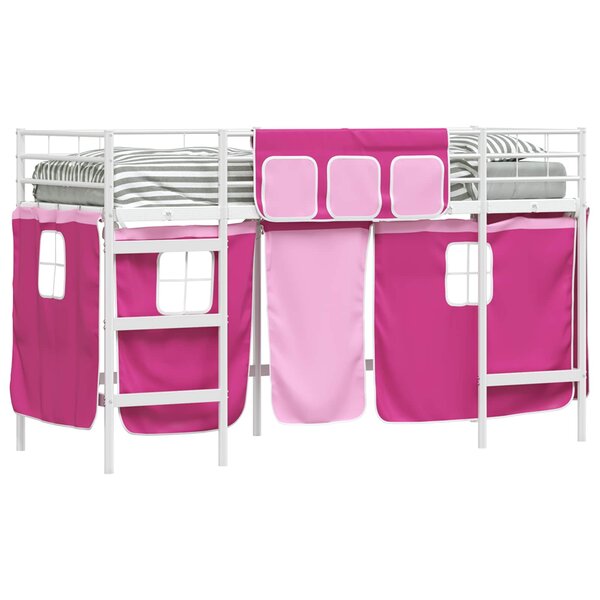 vidaXL Cadre de lit superposé pour enfants avec rideaux Blanc et rose