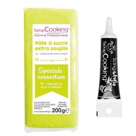 Pâte à sucre de couverture vert citron 200 g + Stylo de glaçage noir