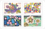 Carnet de 12 timbres - Fleurs brodées - Lettre verte