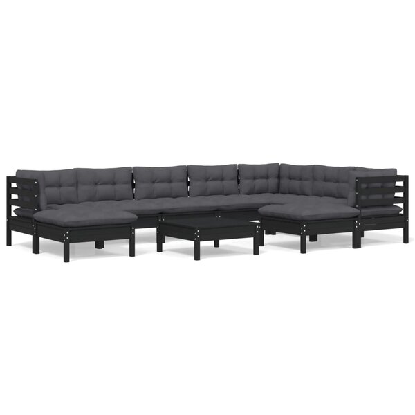 vidaXL Salon de jardin 10 Pièces avec coussins Noir Bois de pin massif