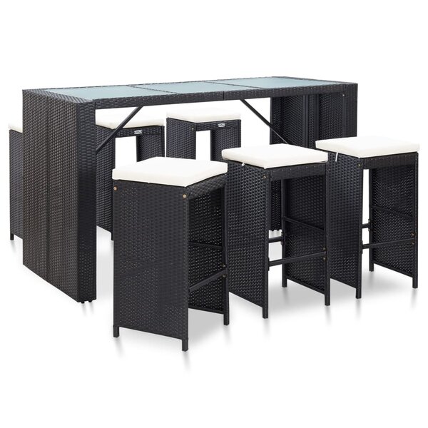 vidaXL Ensemble de bar de jardin 7 Pièces avec coussins poly rotin noir