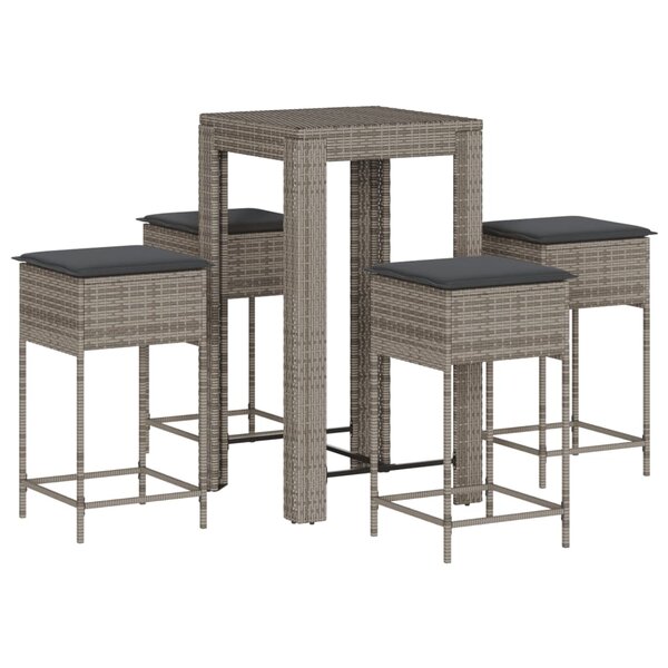 vidaXL Ensemble de bar de jardin 5 Pièces avec coussins gris poly rotin