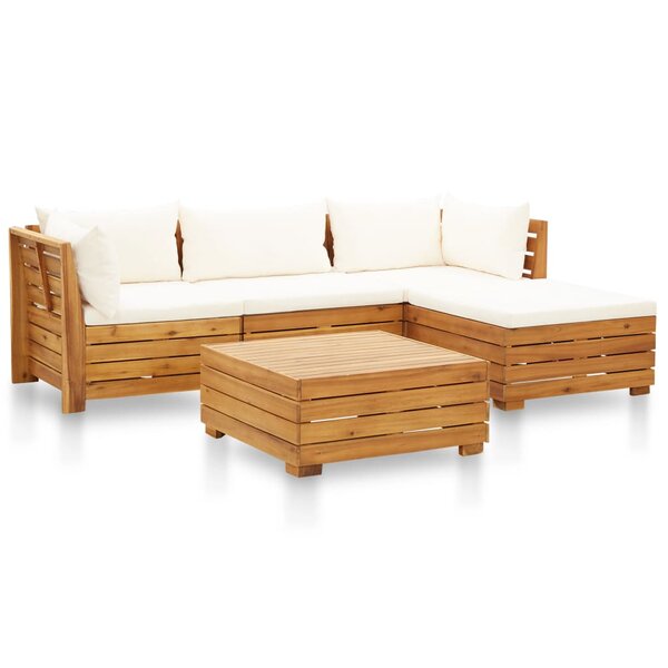 vidaXL Salon de jardin 5 Pièces avec coussins Acacia solide Blanc crème