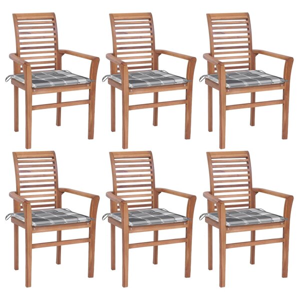 vidaXL Chaises à dîner 6 Pièces avec coussins à carreaux gris Teck solide