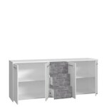 Buffet bas 4 portes 3 tiroirs - Blanc et décor gris béton - L 179 x P 42 x H 74,5 cm