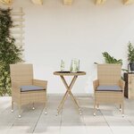 vidaXL Ensemble de bistro avec coussins 3 Pièces beige rotin et verre