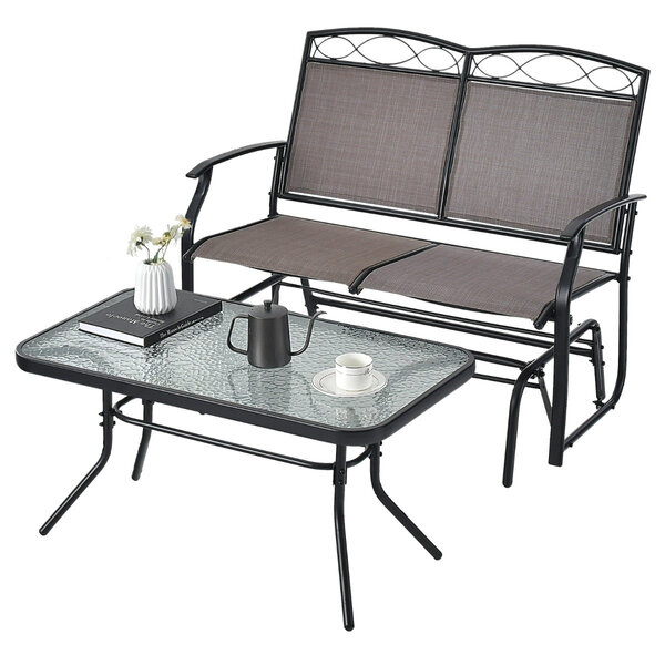 Lot de 2 pièces salon de jardin 104 x 72 x 94 cm causeuse à bascule confortable avec table basse design en métal marron 20_0013424