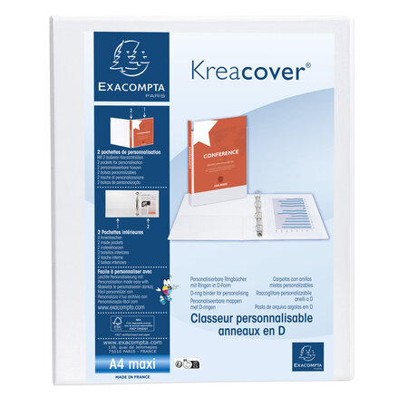 Classeur Personnalisable Rigide 2 Poches Kreacover - 2 Anneaux En D 30mm - A4 Maxi - Blanc - X 10 - Exacompta
