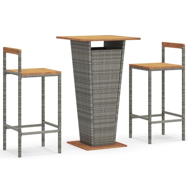 vidaXL Ensemble de bar jardin 3 Pièces gris poly rotin/bois massif acacia