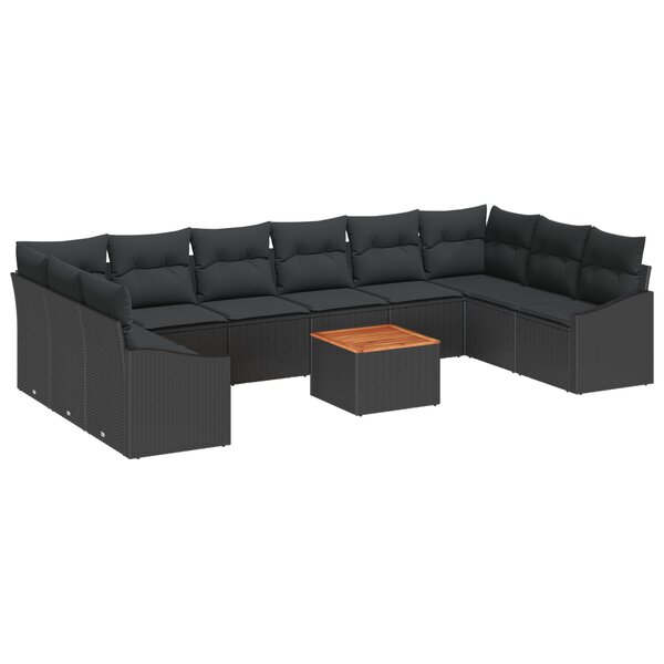 vidaXL Salon de jardin 11 pièces avec coussins en poly rattan noir et bois d'acacia