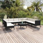 vidaXL Salon de jardin 11 Pièces avec coussins Résine tressée Noir