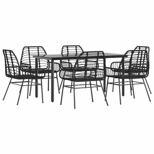 vidaXL Ensemble à manger de jardin 7Pièces noir poly rotin verre