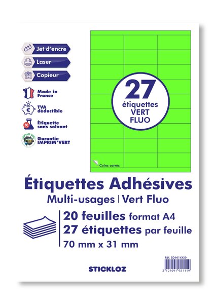 20 planches a4 - 27 étiquettes 70 mm x 31 mm autocollantes fluo vert par planche pour tous types imprimantes - jet d'encre/laser/photocopieuse