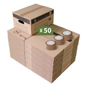 Pack and Move - Lot 50 Cartons Déménagement Stockage S - 36 x 28 x 18 cm - Poignées renforcées - 3 adhésifs offerts