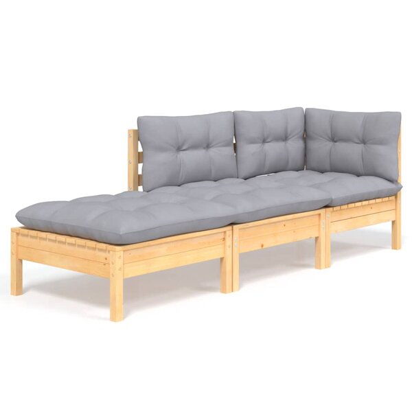 vidaXL Salon de jardin 3 Pièces avec coussins gris Bois de pin massif