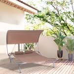 Bain de soleil 2 places lit de jardin design contemporain toit réglable 2 roulettes 2 oreillers acier époxy polyester marron foncé
