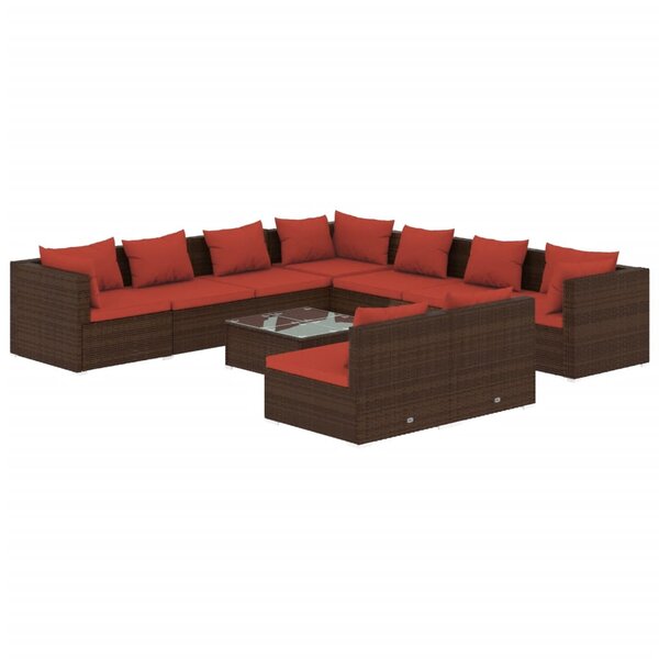 Salon de jardin meuble d'extérieur ensemble de mobilier 10 pièces avec coussins marron résine tressée 02_0015087