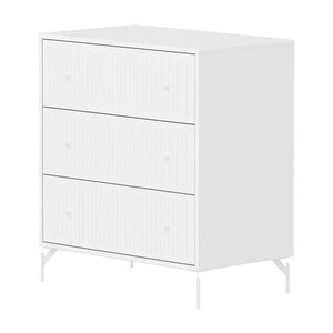 Flexa SAGA Commode 3 tiroirs a facades rainurees Blanche Pieds metalliques et boutons blancs