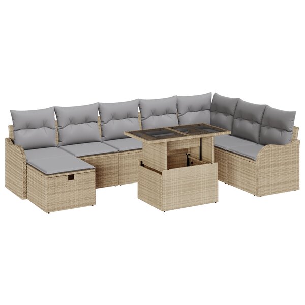 Ensemble de Canapés de Jardin 9 pièces avec Coussins Beige Rattan Poly