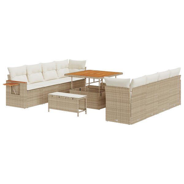 Ensemble de canapé de jardin 11 pièces avec coussins en polyester beige poly rattan acacia