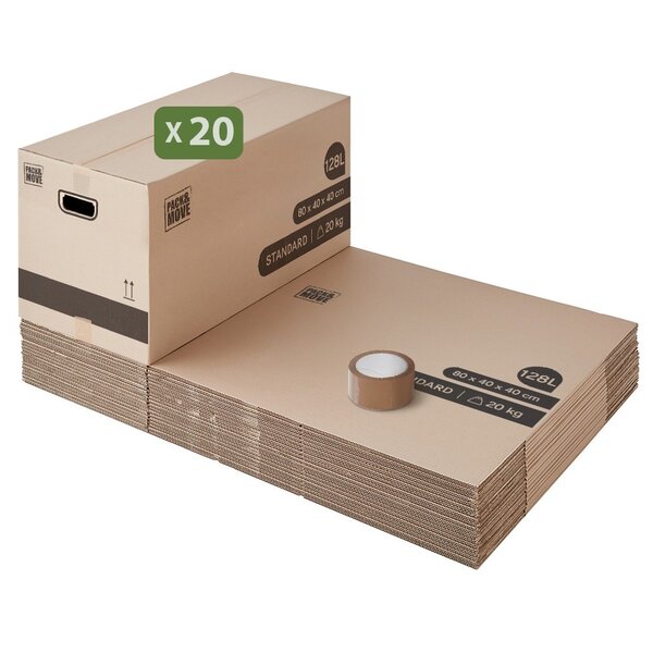 Pack and Move - Lot 20 cartons déménagement XL - 80 x 40 x 40 cm - Poignées renforcées - 1 adhésif offert