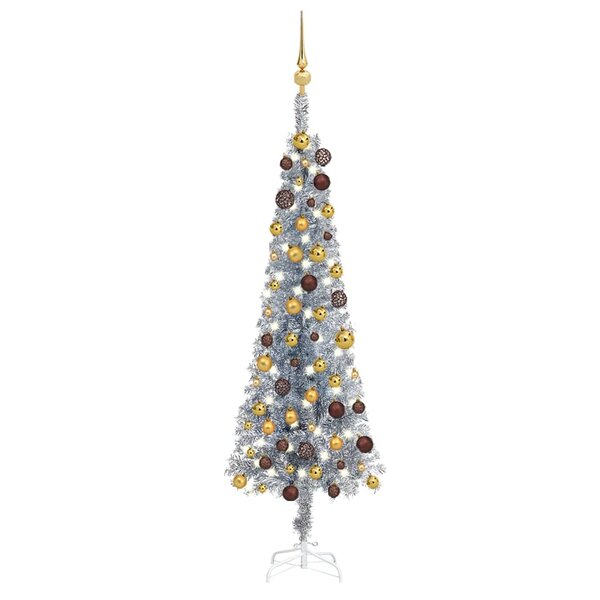 Vidaxl arbre de noël mince avec led et boules argenté 150 cm