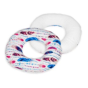 Coussin rond post natal plumes multicolores blanc