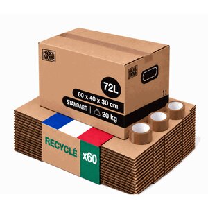 Pack and Move - Lot 60 cartons déménagement M - 60 x 40 x 30 cm - Poignées renforcées - 3 adhésifs offerts