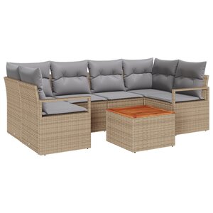 Ensemble de canapé de jardin de 7 pièces avec coussins beige poly rotin acacia