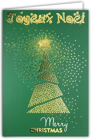 Carte joyeux noël sapin étoile scintillante en or doré brillant avec enveloppe