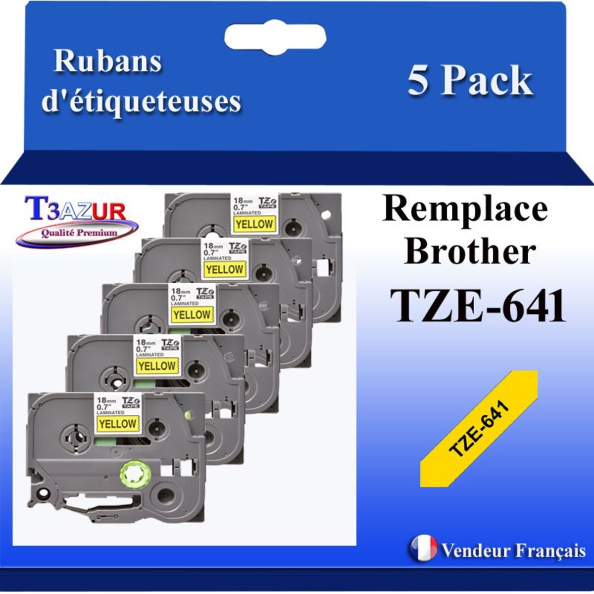 Lot De 10 Rubans D'étiquette Brother P-Touch TZ641 - Noir Sur Jaune - 0,7 Pouces (3/4') - Neufs