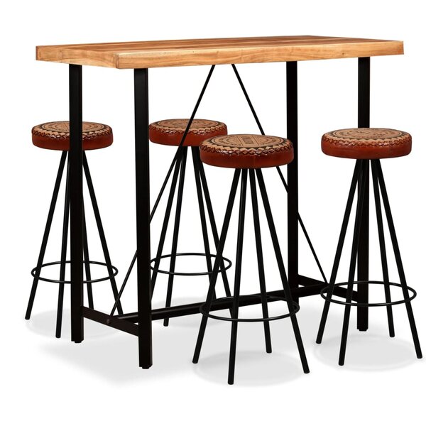 vidaXL Ensemble de bar 5 Pièces Bois d'acacia Cuir véritable et toile