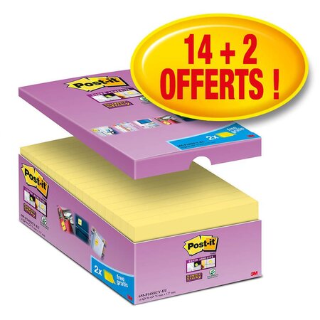 Notes Super Sticky Canary - 3M - 76 x 127 mm - Pack de 14+2 gratuits (paquet 16 blocs)