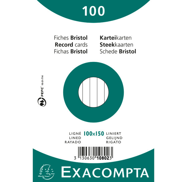 Paquet de 100 Fiches BRISTOL BLANC TRAVERS 100/150 S/F EXACOMPTA