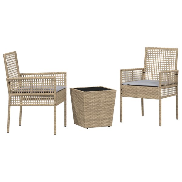 Ensemble de Bistro de Jardin 3 Pièces avec Coussins Beige en Poly Rattan