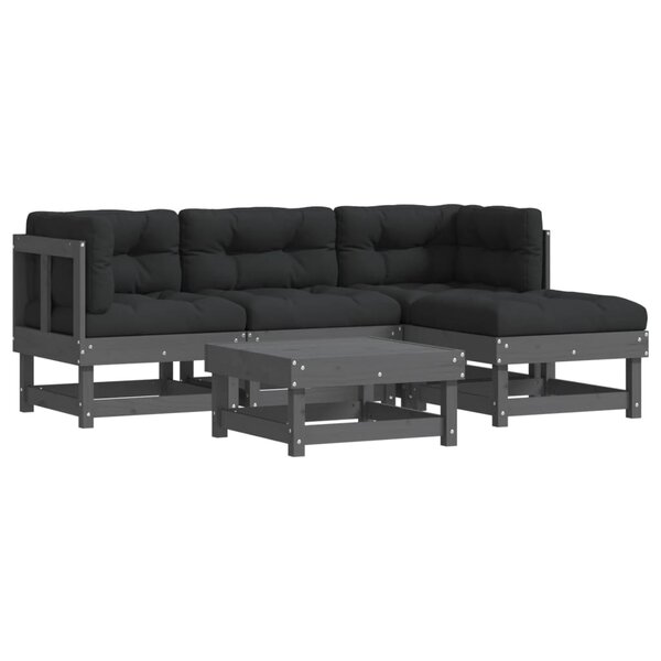 vidaXL Salon de jardin 5 Pièces avec coussins gris bois massif