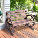 Banc de jardin 3 places style rustique chic accoudoirs roues charette bois sapin traité carbonisation