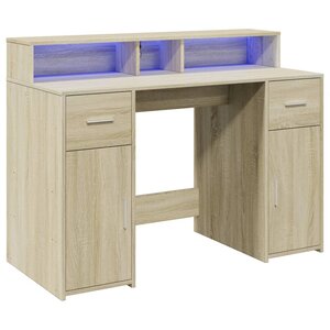 Bureau table poste de travail meuble d'ordinateur informatique étude avec lumières LED chêne sonoma bois d'ingénierie brun 02_0023422