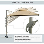 Parasol déporté LED carré double toit inclinable pivotant 360° manivelle piètement acier dim. 3L x 3l x 2 66H m beige