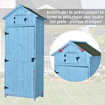 Armoire abri de jardin remise pour outils 3 étagères 2 porte loquets toit pente bitumé 77L x 54l x 179H cm pin massif traité bleu