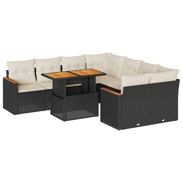 vidaXL Salon de jardin avec coussins 9 Pièces noir résine tressée acacia