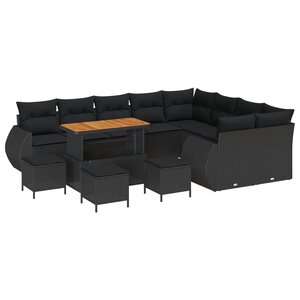 Ensemble de canapé de jardin 13 pièces avec coussins Noir Poly Rotin Acacia