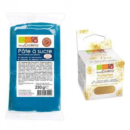 Pâte à sucre bleu foncé 250 g + paillettes dorées