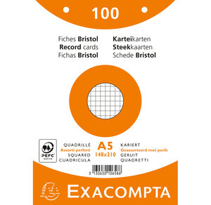 Paquet 100 fiches sous film  bristol quadrillé 5x5 perforé  148x210mm  Couleurs assorties EXACOMPTA