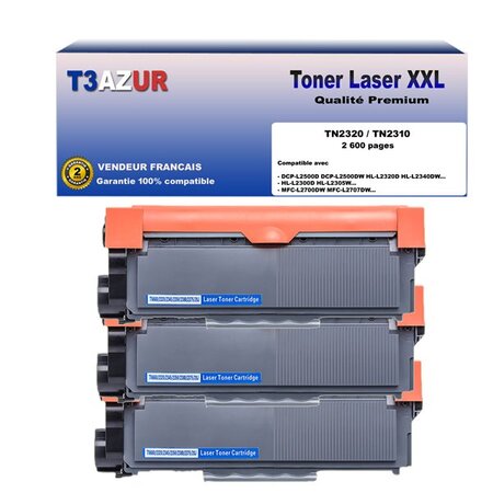 3 Toners compatibles avec Brother TN2320 pour Brother DCP-L2500D   L2520DW   L2540DN   L2560DW - 2 600 pages - T3AZUR